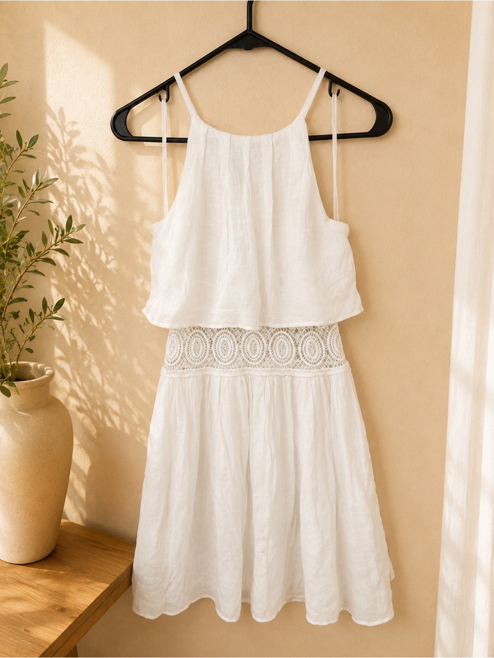 White Crochet-Waist Halter Mini Dress